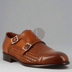 Men's Handmade Luxury Brown Woven Leather Double Monk Buckle Shoes